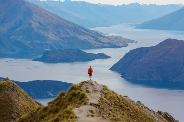 Reizigers Wandelen Roys Peak Nieuw Zeeland Meer Van Wanaka — Stockfoto