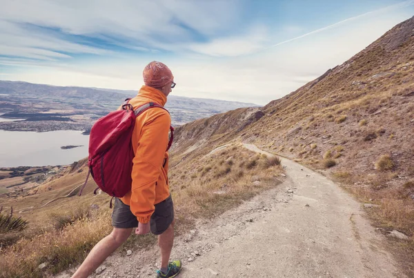 Hombre Caminando Ruta Senderismo Cerca Wanaka Hermosa Región Las Montañas —  Fotos de Stock