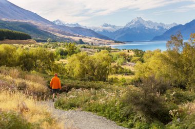 Yeni Zelanda, Güney Adası, Cook Dağı yakınlarındaki güzel dağlarda yürüyüşçü.