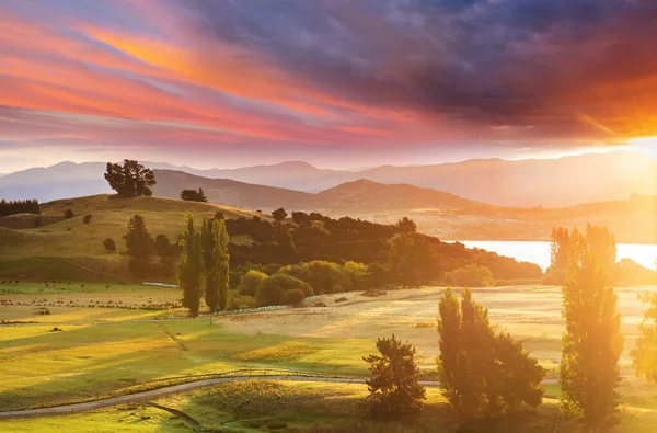 Paisagens Rurais Nascer Sol Nova Zelândia — Fotografia de Stock