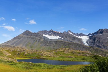 Yazın Alaska 'nın Picturesque Dağları. Kar, kütleleri, buzulları ve kayalık tepeleri kapladı. Güzel doğal arkaplan.