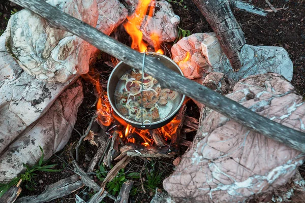 Touristic Kettle Fire Burning Campfire Camping Hike Cooking Food Forest — Stock Photo, Image