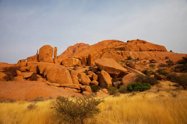 Paisajes Africanos Arbusto Amarillo Caliente Estelas Árboles Cielo Azul Antecedentes —  Fotos de Stock