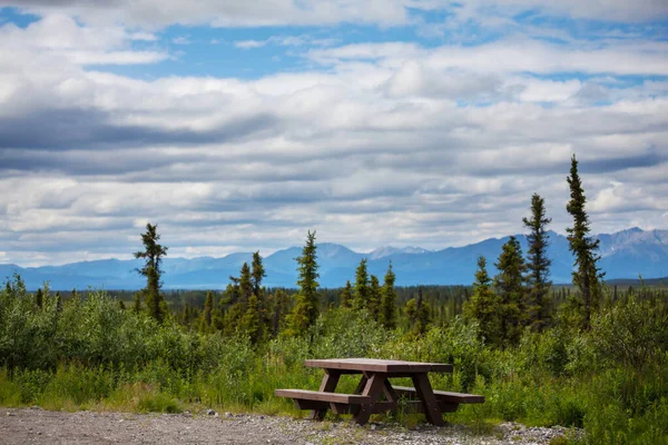 Une Table Pique Nique Avec Vue Magnifique Sur Montagne Alaska — Photo