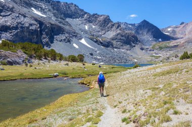 Yüksek dağlarda yürüyüş yapan bir gezgin.