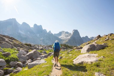 Yüksek dağlarda yürüyüş yapan bir gezgin.