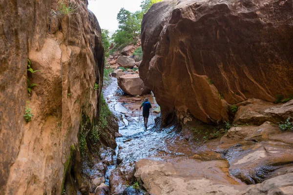 夏の山の中でスロットキャニオンのハイキング中の男 米国ユタ州 — ストック写真