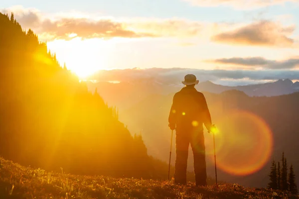 Scène Randonnée Dans Belles Montagnes Été Coucher Soleil — Photo