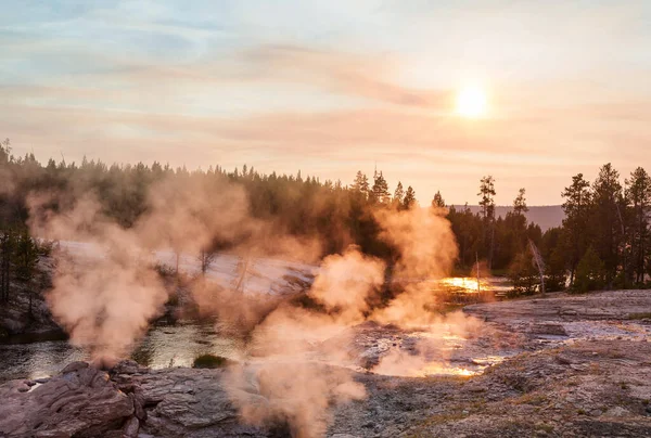 Old Faithful Geyser Eruption Yellowstone National Park Sunset Wyoming Estados — Foto de Stock