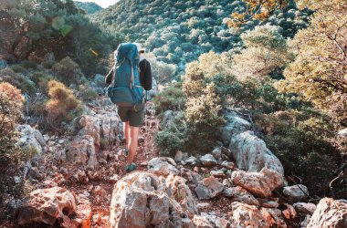 Yaz dağlarında yürüyüş yapan bir adam. Güzel doğal manzaralar..