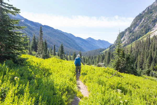 Backpacker Wędrówce Wysokich Górach — Zdjęcie stockowe