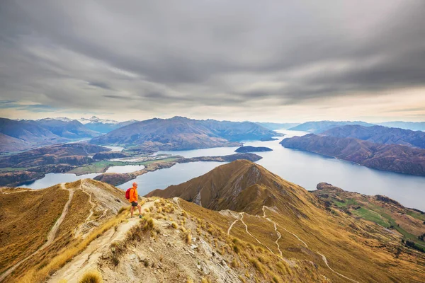 Reizigers Wandelen Roys Peak Nieuw Zeeland Meer Van Wanaka — Stockfoto