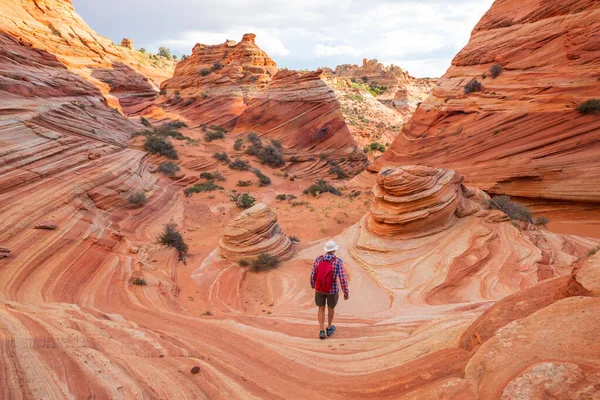 Vandra Utah Bergen Vandring Ovanliga Naturlandskap Fantastiska Former Sandsten Formationer — Stockfoto