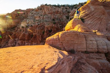Utah dağlarında yürüyüş. Alışılmadık doğal manzaralarda yürüyüş. Fantastik kumtaşı oluşumları.