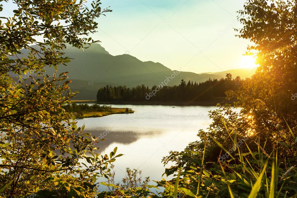 Sunset landscape on lake