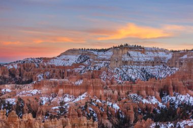 Kış mevsiminde Bryce Canyon Ulusal Parkı 'nın renkli pembe kayaları Utah, ABD