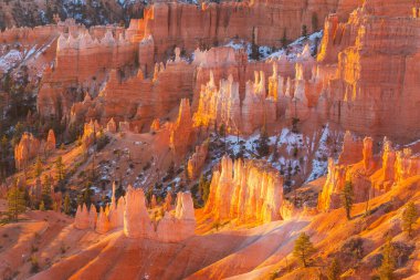 Kış mevsiminde Bryce Canyon Ulusal Parkı 'nın renkli pembe kayaları Utah, ABD