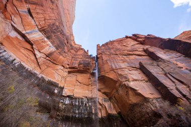 Zion Ulusal Parkı. Güzel, sönük doğal manzaralar. Gün batımında Zion Park 'ta zirve..