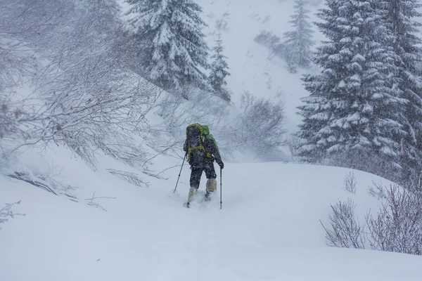 Caminhante com sapatos de neve no inverno — Fotografia de Stock