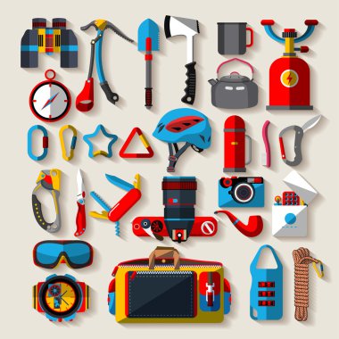 Cihazları - simge çizimleri bir dizi tırmanışı kamp