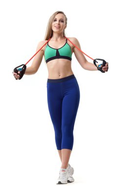 tüp üzerinde beyaz izole kadın eğitmen ile çalışma dışarı uyum