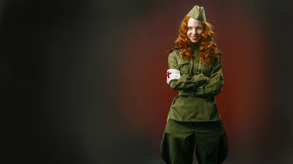 Historical reenactment of soviet union army by pretty girl — Stock Photo, Image