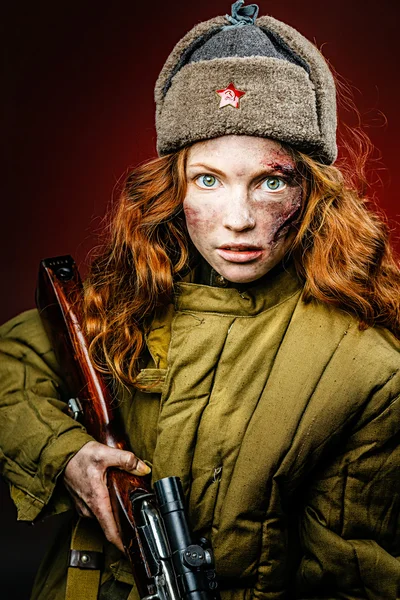 Historical reenactment of soviet union army by pretty girl with — Stock Photo, Image