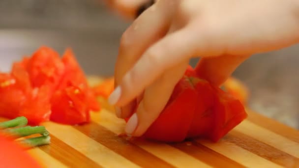Жінка робить салат зі свіжими овочами, готуючи помідори — стокове відео