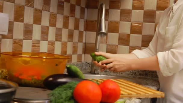 Woman making a salad with fresh vegetables, preparing cucumbers — Stock Video