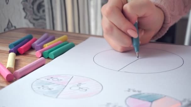 Mujer dibujando diferentes gráficos de matemáticas de negocios — Vídeo de stock