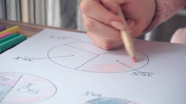 Mujer dibujando diferentes gráficos de matemáticas de negocios — Vídeo de stock