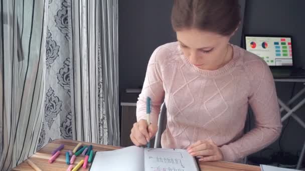 Mujer dibujando diferentes gráficos de matemáticas de negocios — Vídeo de stock