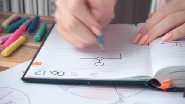 Жінка малює різні бізнес графіки математики — стокове відео