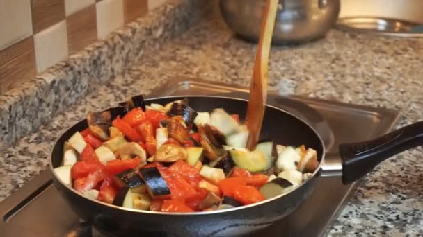 Gesunder Lebensstil: Schöne Frau beiläufig kochen, rühren, Gemüse in der Pfanne in der Küche köcheln lassen. Nahaufnahme, Handheld. — Stockvideo