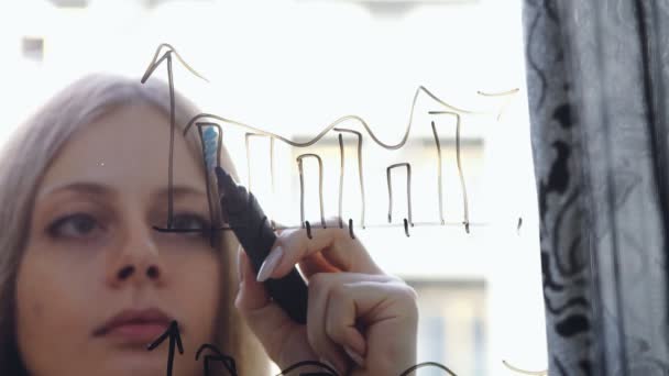 Lifestyle: mooie jonge vrouw het tekenen van wiskundige zakelijke grafieken op het glas met wolkenkrabber op achtergrond. Southpaw. Close-up shot, statisch, Slow Motion 60 fps. — Stockvideo