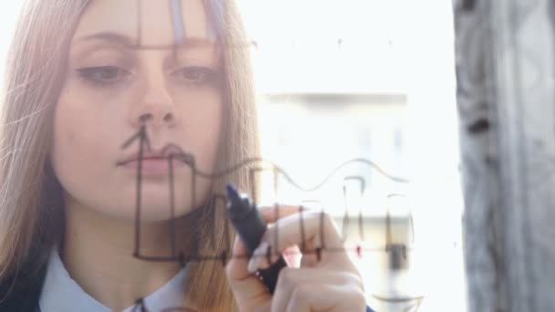 Stile di vita: bella giovane donna che disegna grafici aziendali matematici sul vetro con grattacielo sullo sfondo. Zampa sinistra. Primo piano, statico, rallentatore 60 fps . — Video Stock