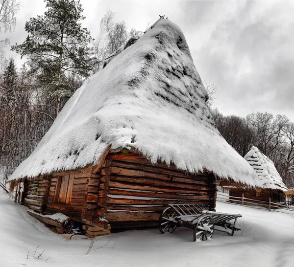 Autentická Ukrajinská Vesnice Dřevěnými Chatrčemi Ploty Zimě — Stock fotografie