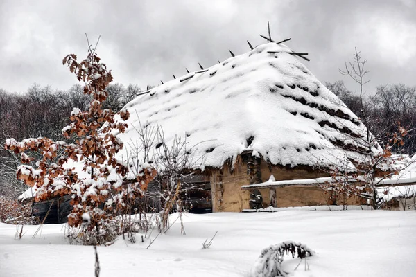 Autentico Villaggio Ucraino Con Capanne Recinzioni Legno Inverno — Foto Stock