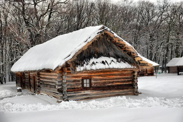 Authentiek Oekraïens Dorp Met Houten Hutten Hekken Winter — Stockfoto