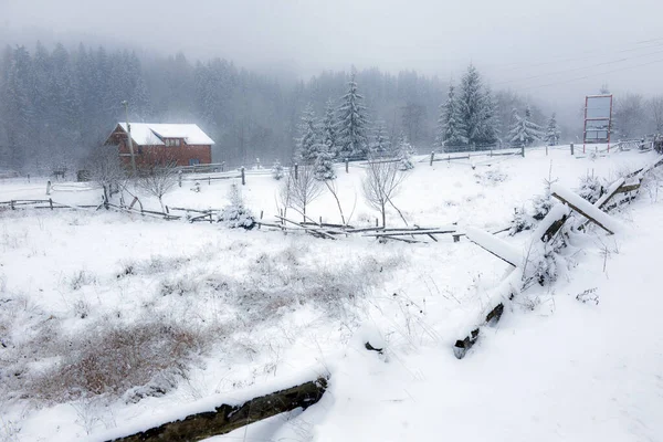 Paesaggio Tipico Dei Carpazi Ucraini Con Proprietà Private Inverno — Foto Stock