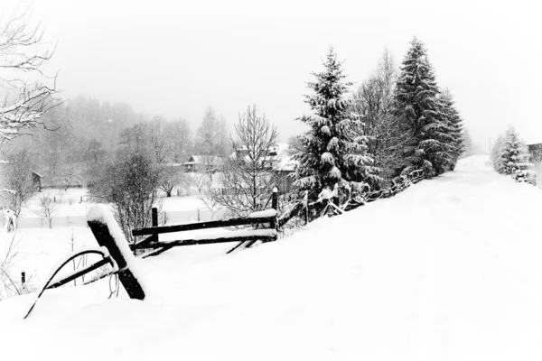 Paisagem Típica Dos Cárpatos Ucranianos Com Propriedades Privadas Inverno — Fotografia de Stock