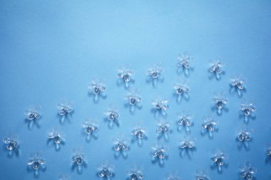 Küçük plastik şeffaf çiçeklerle minimalist mavi arkaplan