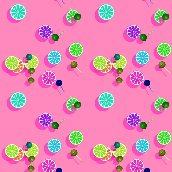 Веселий Барвистий Сучасний Яскраво Рожевий Фон Різнокольоровими Льодяниками Скибочками Лимона — стокове фото