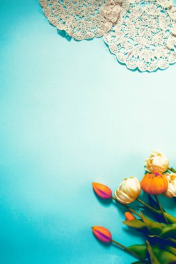 Çeşitli malzemelerle renkli arkaplanın üst görünümü