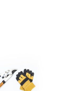 Siyah ve sarı eldivenlerin ve büyük bahçe budayıcısının beyaz arka planda fotokopi alanı olan üst görünümü modern parlak minimal düz yatıyordu.