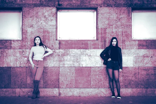 Toned Shot Two Stylish Women Posing Old Building Wall — Foto Stock