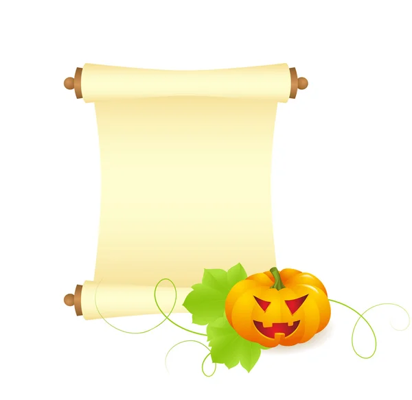 Pumpkin with blank sheet of paper — Stock Vector