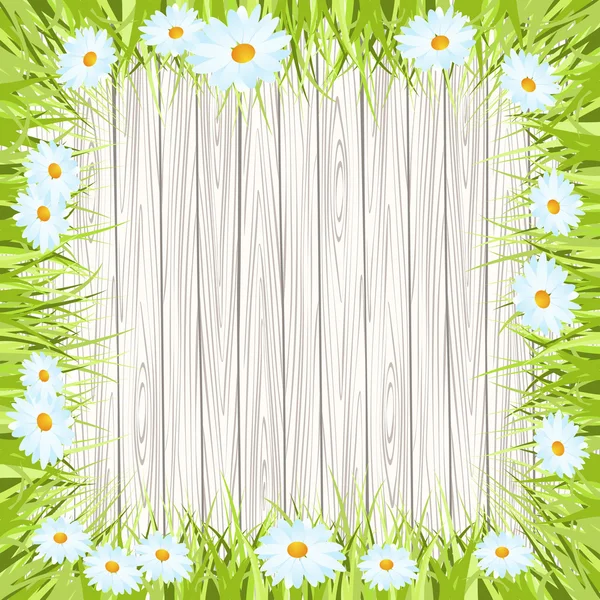Tło wektor wiosna z drewniany znak, trawy i kwiatów — Wektor stockowy
