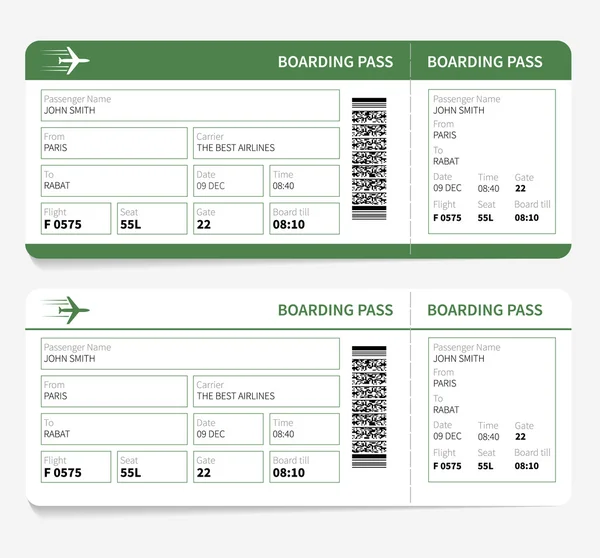 Plane tickets green boarding pass and gate number — Stock Vector