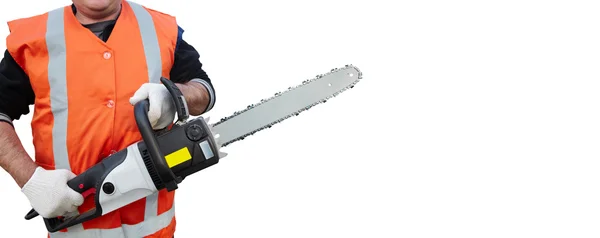 Mature contractor and chainsaw — Stock Photo, Image
